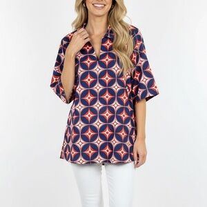 Lesley Evers North Star Geometric Short Sleeve Top Blue Red Sz L
